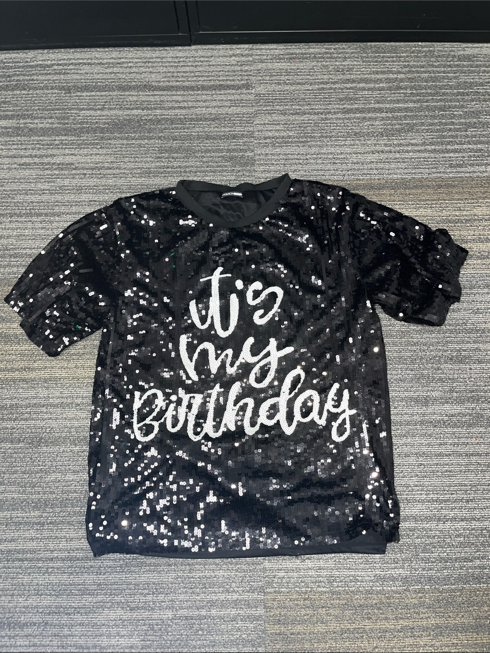 Fashion Nova Black Sequin 'It's My Birthday' Short Sleeve Top OS